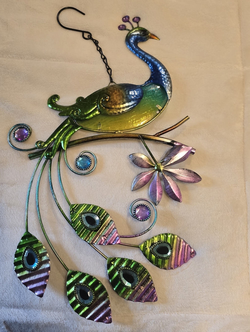 Metal Peacock Wall Hanging/windchime Iridescent Green Blue Purple IndoorOutdoor